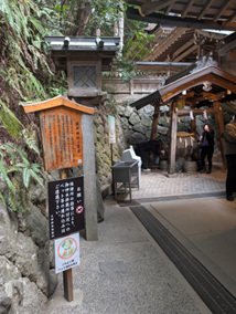 境内に建つ「湧水・神酒水」の案内板と手水所
