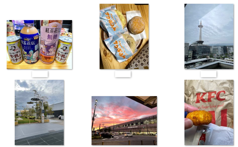 飲み物やドーナツ、京都タワー、綺麗な夕焼け空などの日常や旅先のスナップ写真6枚のコラージュ